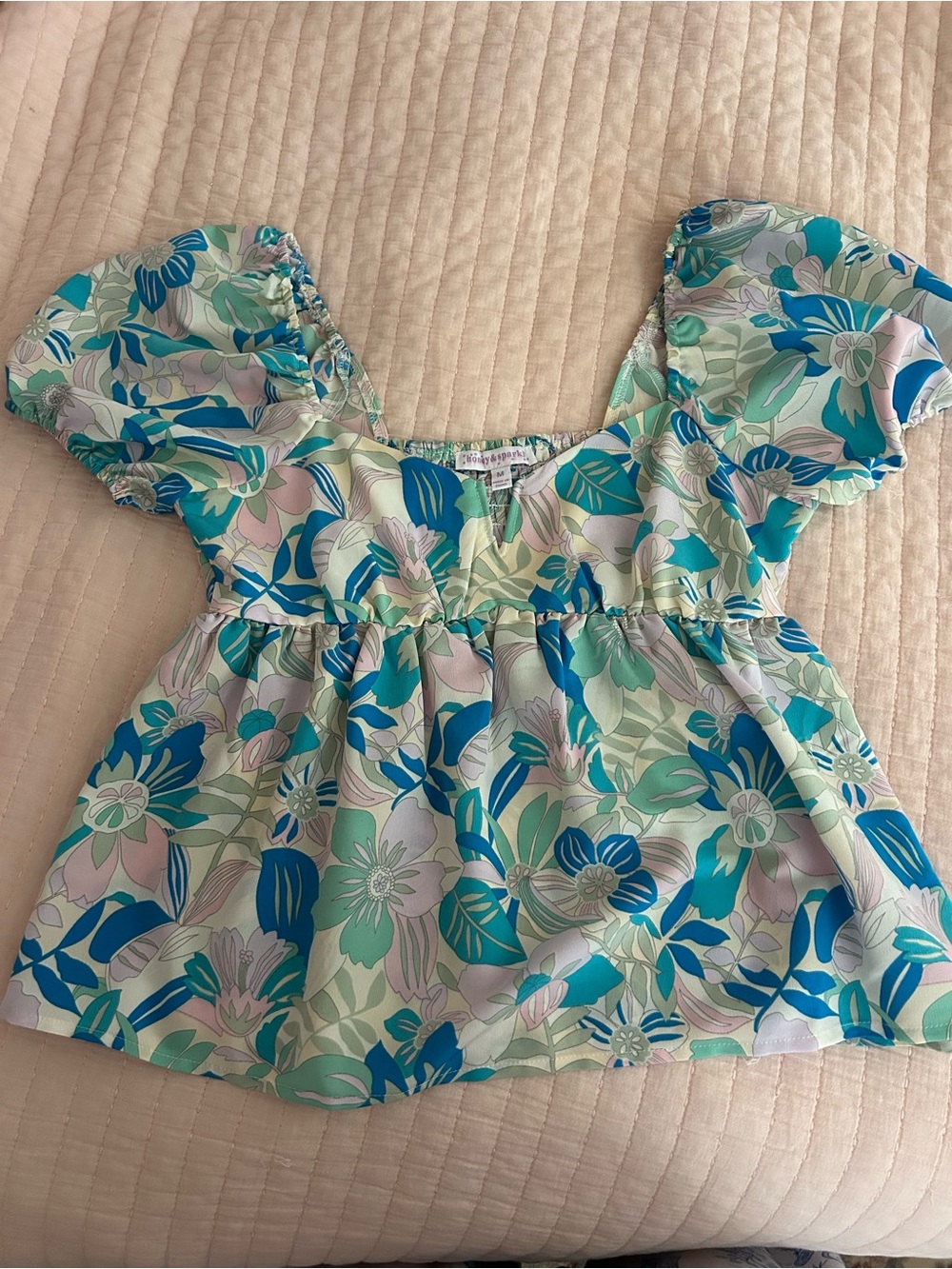 Floral Peplum Puff Sleeve Top in Teal, Mint & Pale Pink